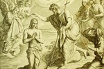 Keresztelő Szent János megkereszteli Jézust a Jordán vizében | Julius Schnorr von Carolsfeld fametszete (1860)