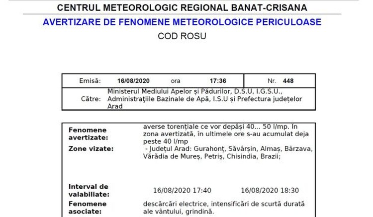 <em>Hír szerkesztése</em> Vörös jelzésű esőriasztás több Arad megyei településen